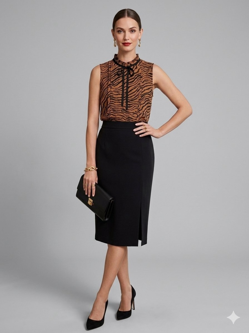 White House Black Market Rust and Black Tiger-Stripe Sleeveless Blouse